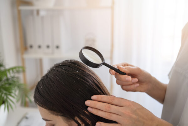 Mother checking her child’s hair for head lice under bright light